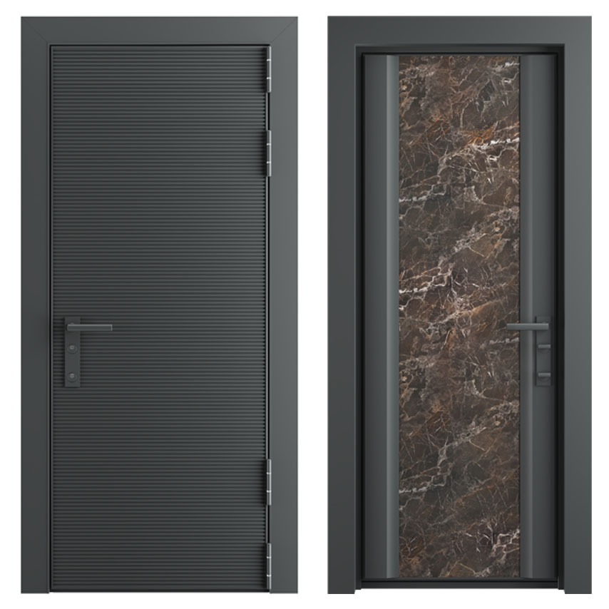 ProfiLDoors дверьВходная дверь 1 F внешнее исполнение алюминиевая панель Stripe вертикальный цвет профиля Черный матовый внутренняя отделка композитная панель 4мм Мрамор наличник Плоский