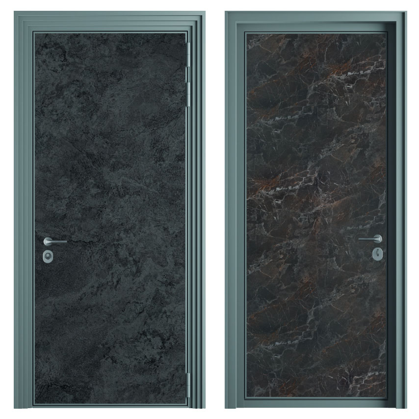 ProfiLDoors дверьВходная дверь 1 FN внешнее исполнение камень Neolith Krater Riverwashed цвет профиля Черный матовый внутренняя отделка композитная панель 4мм Бетон старый наличник Плоский