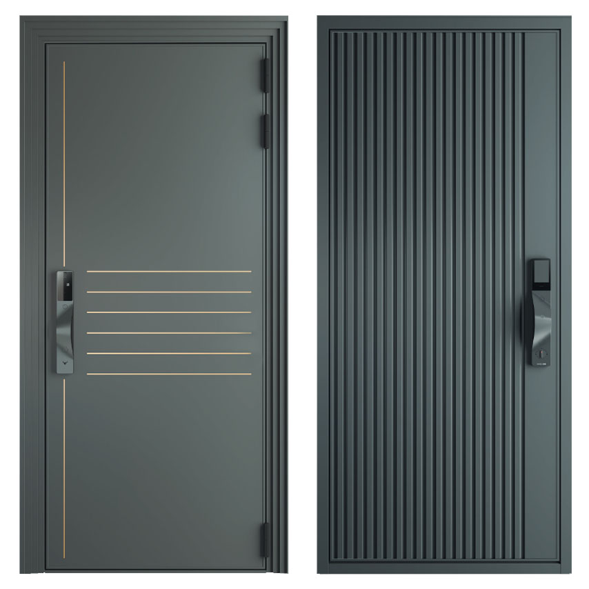 ProfiLDoors дверьВходная дверь 2 FN внешнее исполнение алюминиевая панель «Strings» Серая Ночь (Латунь) цвет профиля Черный матовый внутренняя отделка MDF 10мм Вайт наличник Плоский