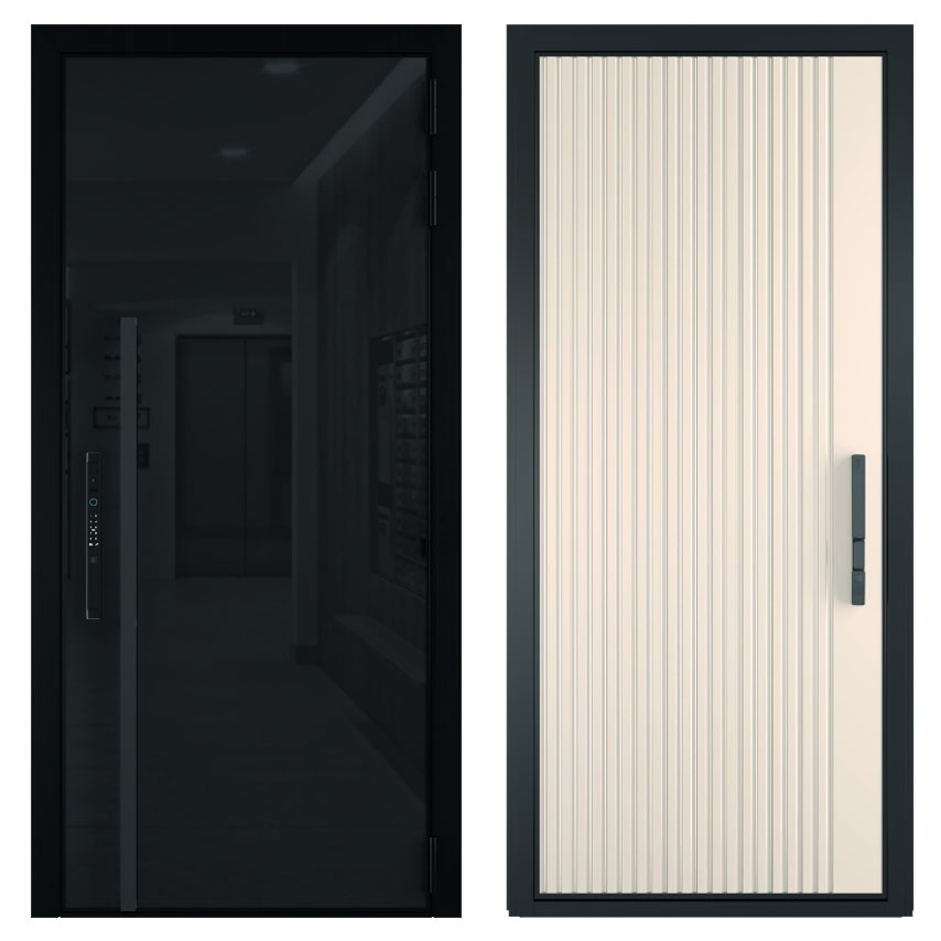 ProfiLDoors дверьВходная дверь 4 FN внешнее исполнение стекло 6мм Lacobel Черный цвет профиля Черный матовый внутренняя отделка композитная панель 4мм Бетон старый наличник Плоский