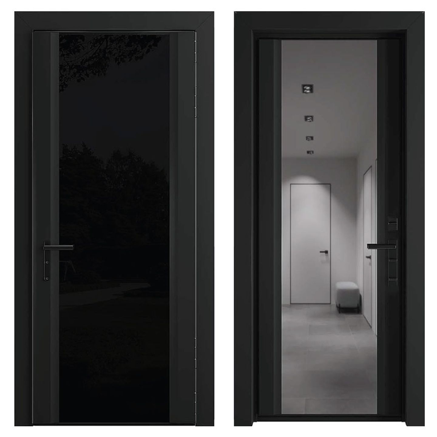 ProfiLDoors дверьВходная дверь 1 I внешнее исполнение стекло 6мм Lacobel Черный цвет профиля Черный матовый внутренняя отделка стекло 4мм Зеркало наличник Плоский