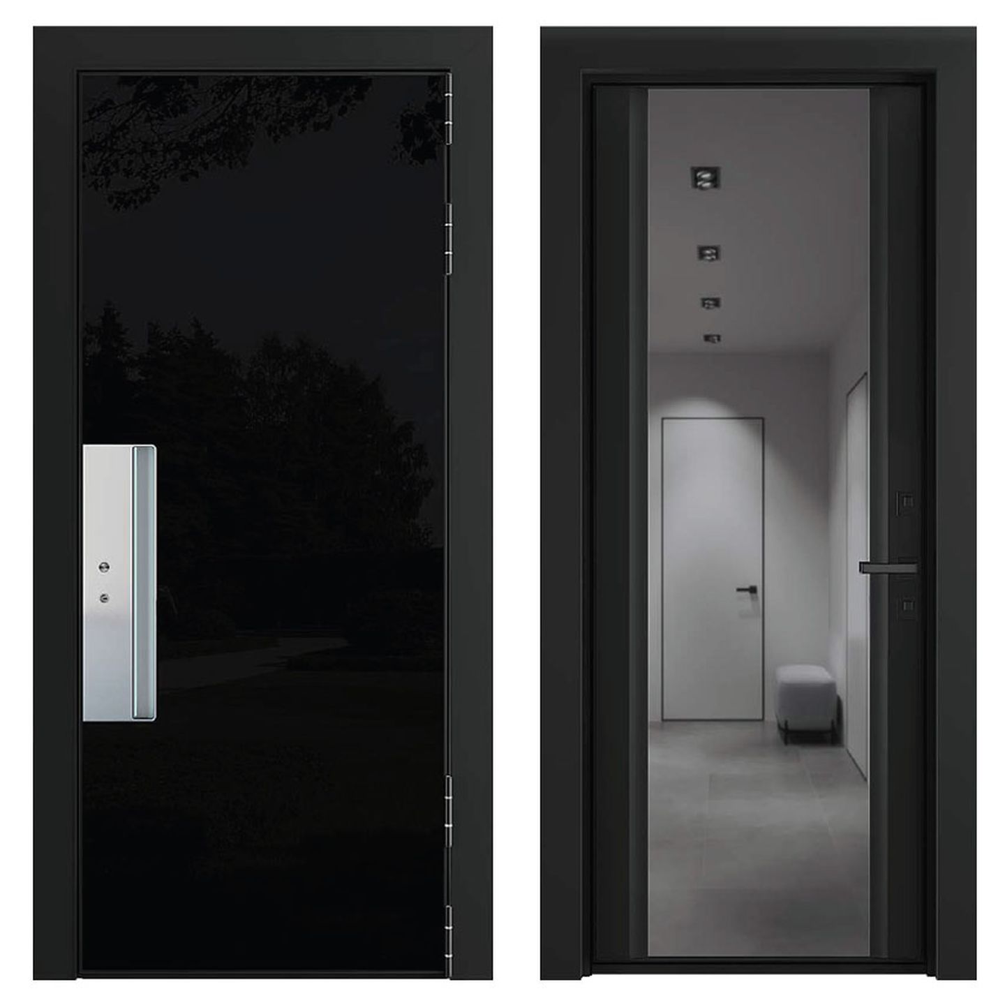 ProfiLDoors дверьВходная дверь 4 I внешнее исполнение стекло 6мм Зеркало Blue цвет профиля Черный матовый внутренняя отделка стекло 4мм Зеркало наличник Ступенчатый