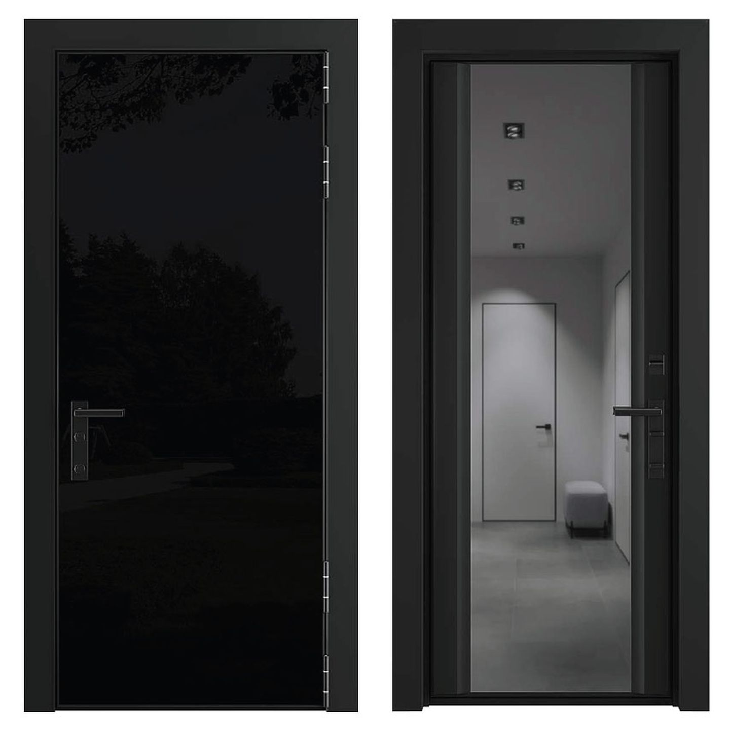 ProfiLDoors дверьВходная дверь 6 I внешнее исполнение стекло 6мм Lacobel Черный цвет профиля Черный матовый внутренняя отделка стекло 4мм Зеркало наличник Плоский