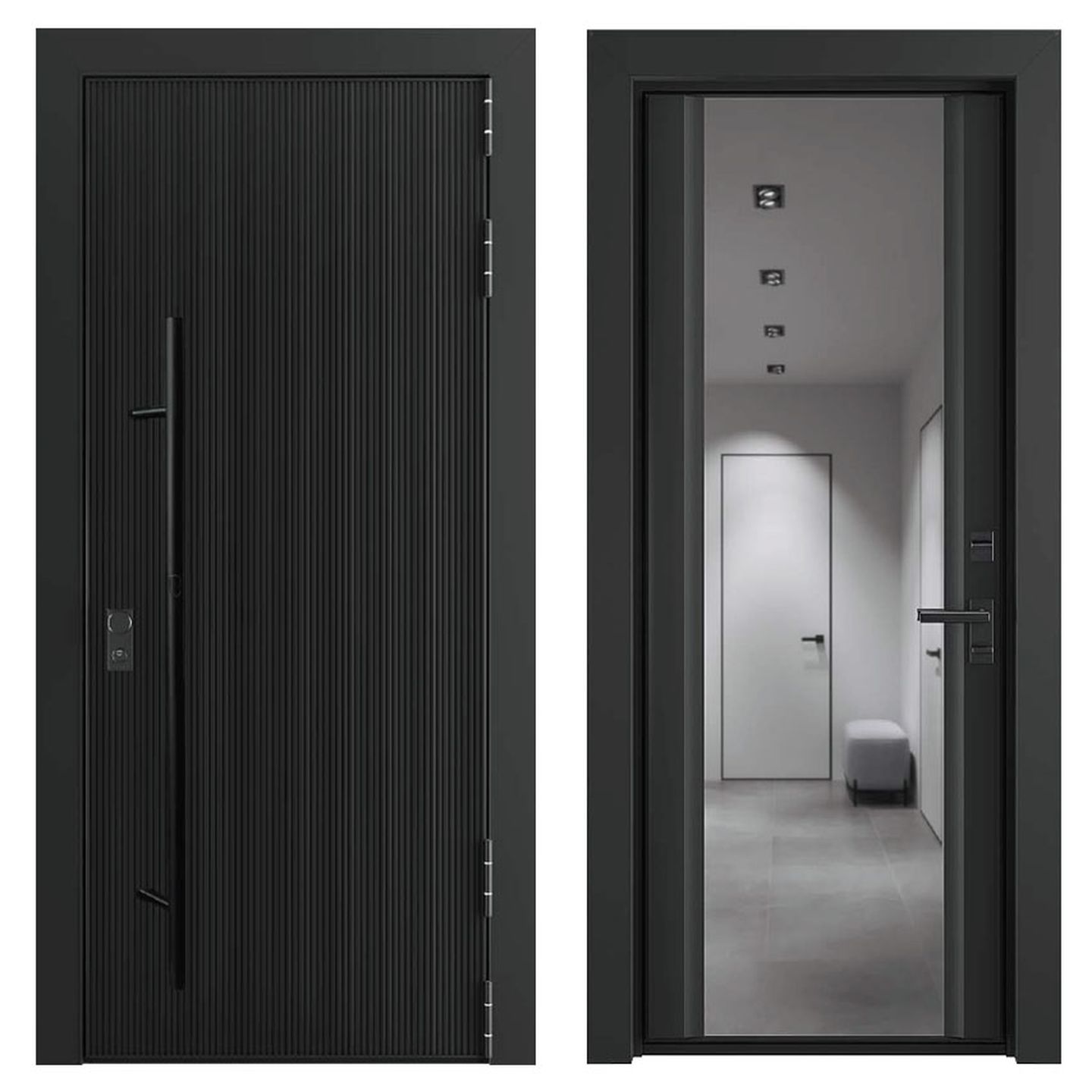 ProfiLDoors дверьВходная дверь 7 I внешнее исполнение алюминиевая панель Stripe горизонтальный цвет профиля Черный матовый внутренняя отделка стекло 4мм Зеркало наличник Ступенчатый